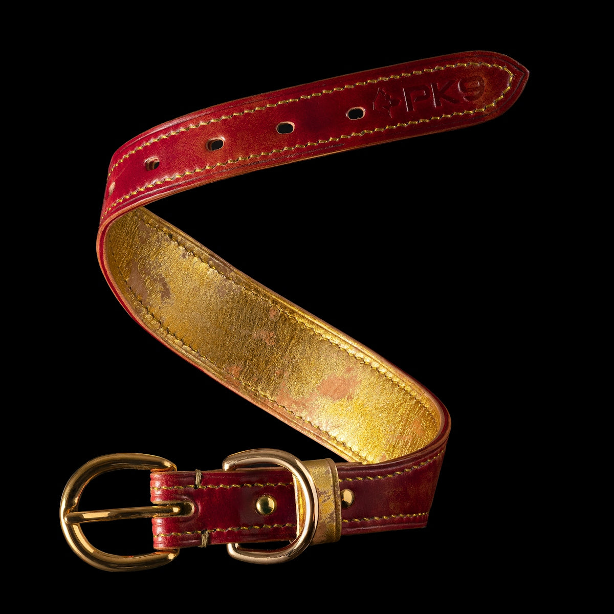 A red leather dog collar with a gold interior and brass buckle