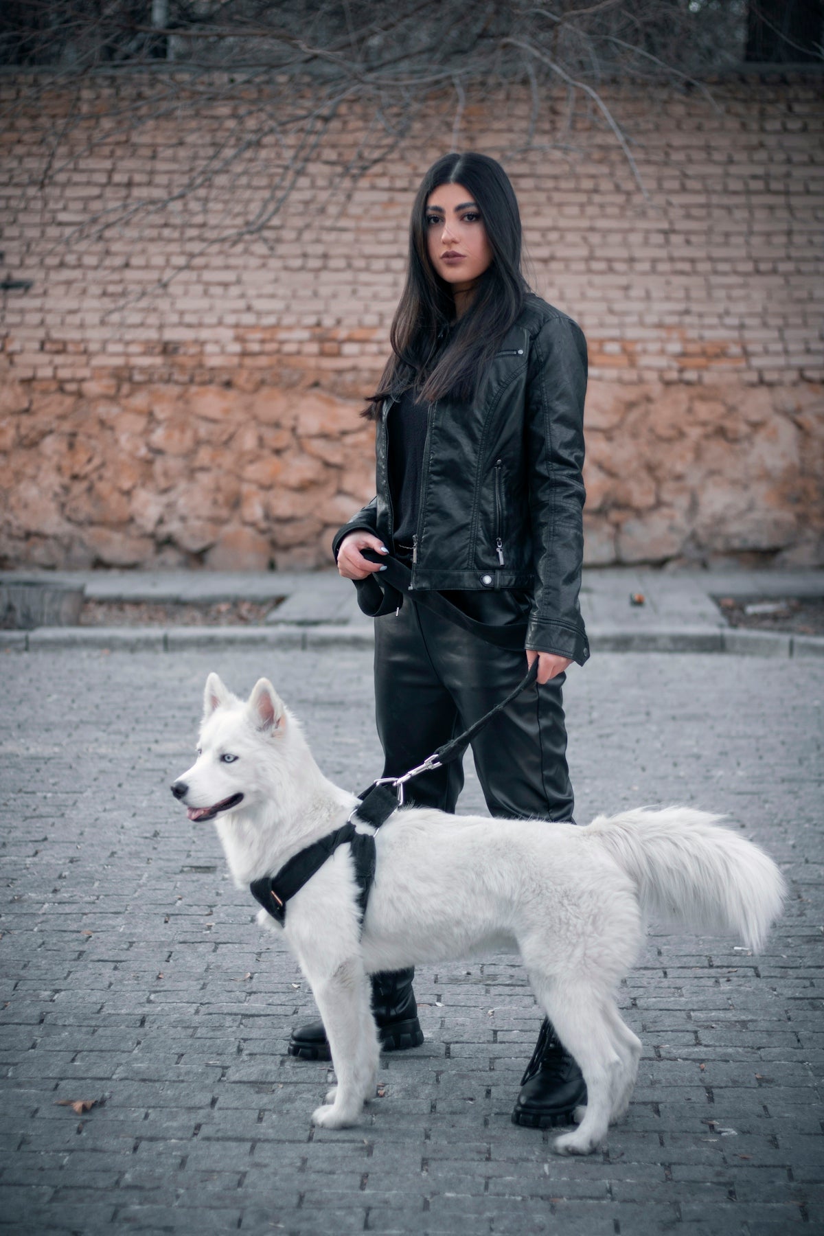 a woman is walking her white dog on a leash